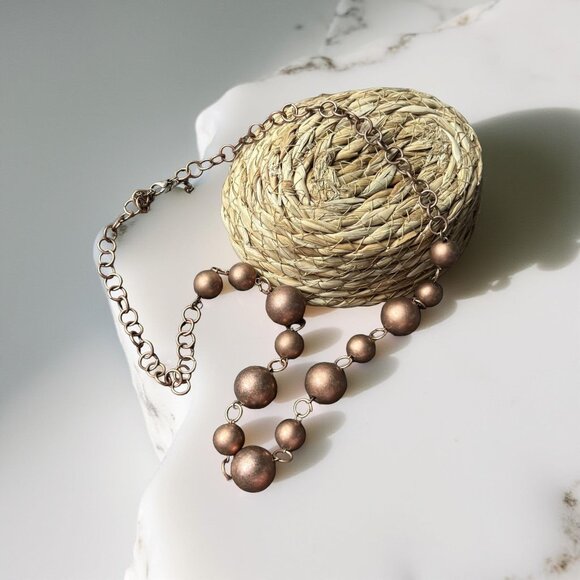 Vintage Copper-Tone Bead Necklace with Lobster Clasp – 1980s Modern Revival - Picture 1 of 5